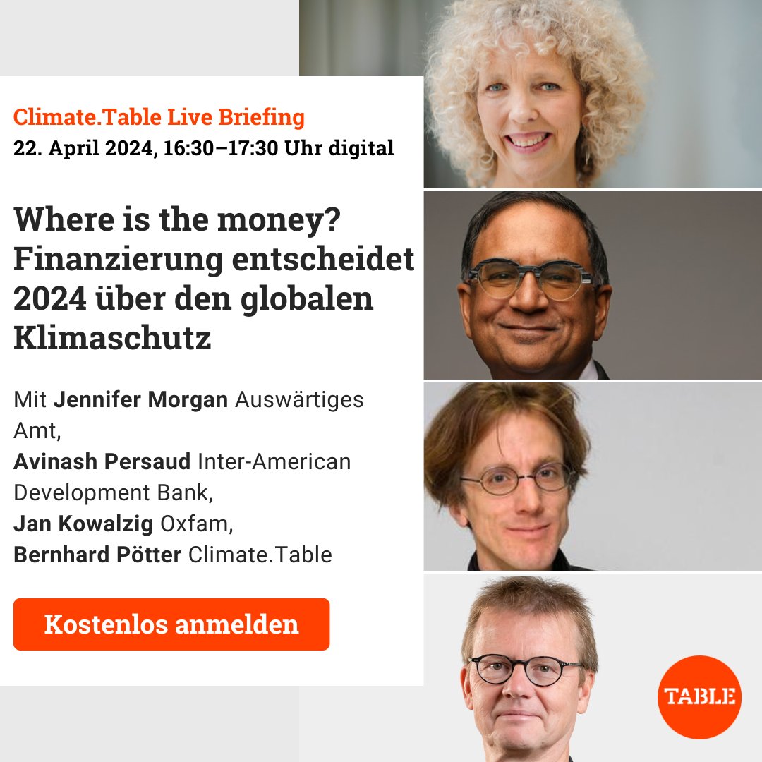 Where is the money? Financing will decide global climate protection in 2024 How much money is needed? How is it best used? And above all: Who should pay? Discussion with @climatemorgan, Avinash Persaud, @jalokaje and @BernhardPoetter. Register here 👉 go.table.media/tFiiV