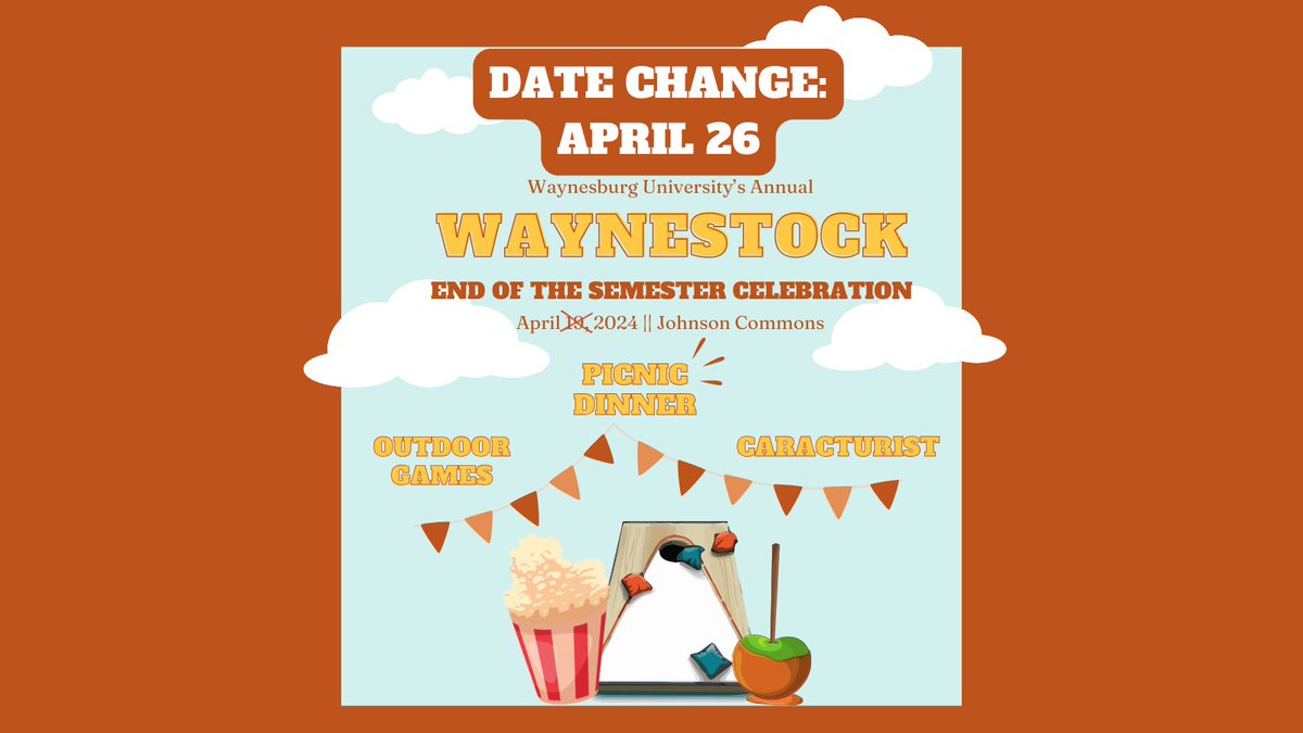 DATE CHANGE. Waynestock has been moved to next Friday, April 26. Come out to JC next Friday for our end of the year celebration with a picnic dinner, outdoor games, caricaturists, and live music by The Delaney Acoustic Set.