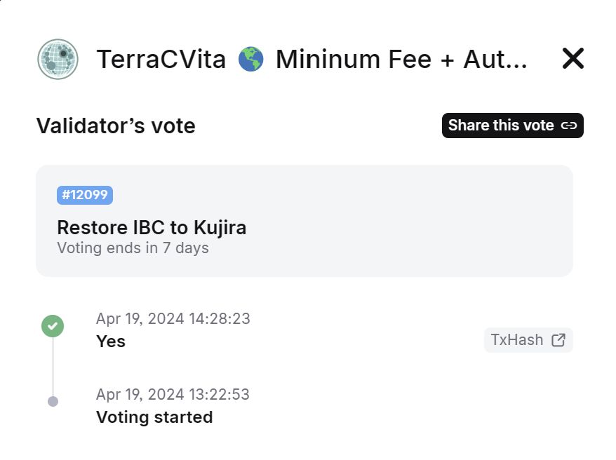 Thankyou for continuing the work on IBC's @frag_dude and also @RakoffToken for this proposal. Restoring IBC to Kujira gets a 'Yes' vote here.