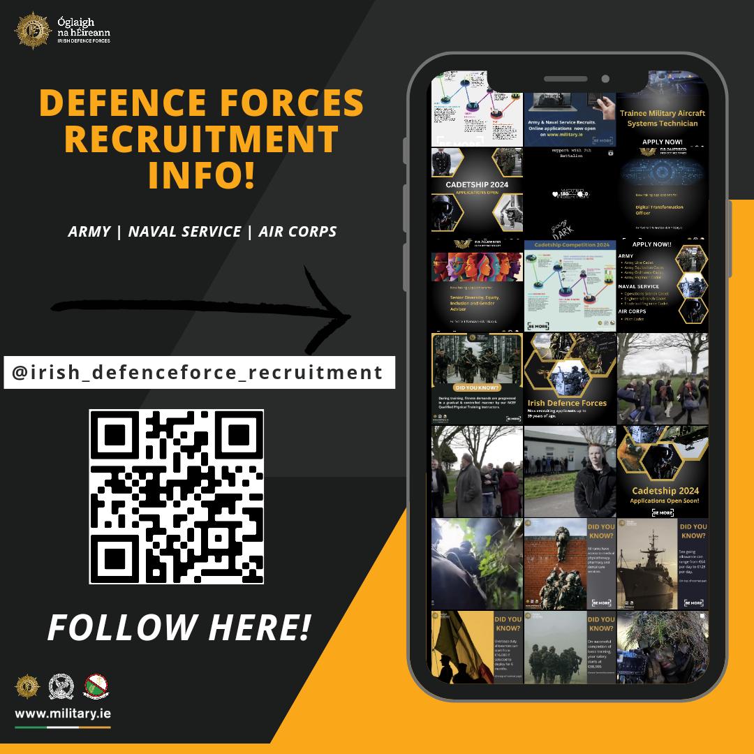 For the most up to date announcements on Defence Forces recruitment and information on some of the benefits associated with a career in the Defence Forces give our Recruitment team a follow! #bemore #defenceforces #Ireland #army #navalservice #aircorps