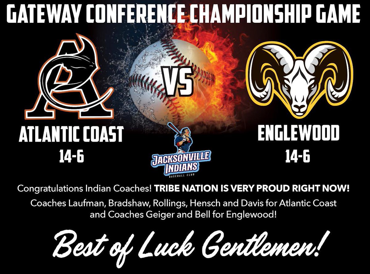 The Gateway Championship is 6:00 tonight at Fort Family Park. 8000 Baymeadows Road East. Come out and cheer on your Jax Indian coaches as they battle for the championship! ⚾️💪🏻 #Tribe