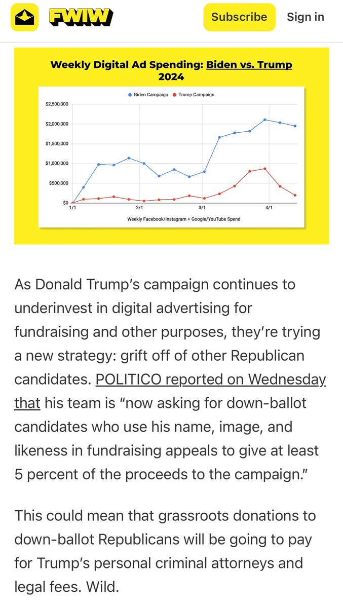 yeah no this is crazy… if you donate to any Republican in 2024, chances are you might be contributing to Trump’s legal fees 🙃 that and several other Trump plot twists in this week’s @FWIWnews