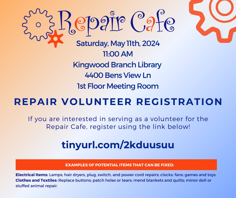 Bring broken items to the Repair Café, where various volunteer repair coaches are on hand to help repair items on May 11th at Kingwood Branch Library! Thanks to @harriscountypl for hosting such a fun and important event in our community. 

For more info: tinyurl.com/rchcpl