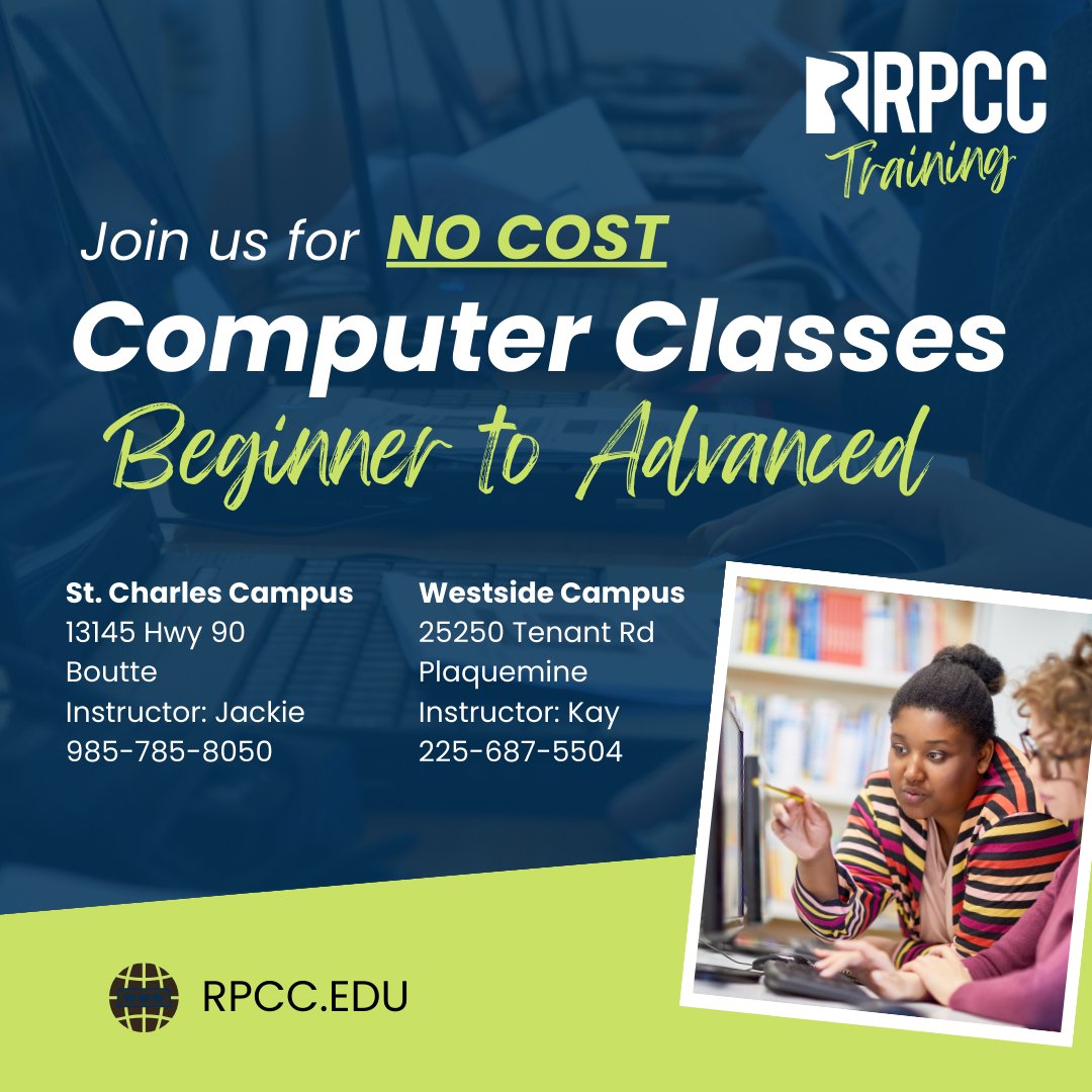 RiverParishesCC's tweet image. 🖥️💡 Unlock your digital potential with RPCC! Join us for FREE Beginner to Advanced Computer Classes this June-July at our Westside and St. Charles campuses!

Expand your skills, enhance your career prospects, all at no cost!
  #ComputerClasses #DigitalSkills #RPCC #AdultEd