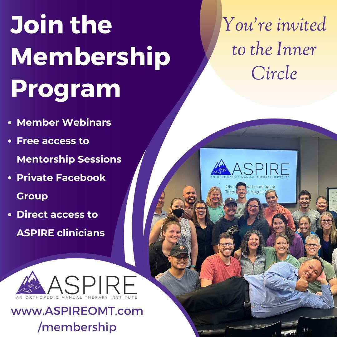 🧠 Amazing webinars from great minds. Intensive mentorship sessions that will change the way you practice. 

And if you've even considered certifying, this one is a no brainer. ✅

🏔 aspireomt.com/membership 

#ManualTherapy #PhysicalTherapist #PhysicalTherapyStudent