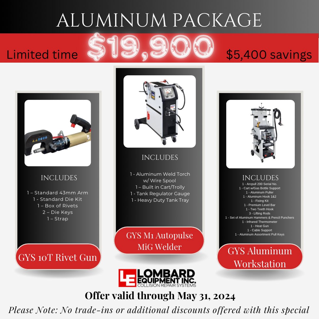 👀 Unlock BIG savings this spring with our Aluminum Package! For a LIMITED TIME, just $19,900—saving you $5,400. 
DON’T MISS OUT, ☎️ call your Lombard Equipment Account Manager today!

#lombardequipment  #springsale #collisionequipment #migwelder #rivetgun #aluminumworkstation