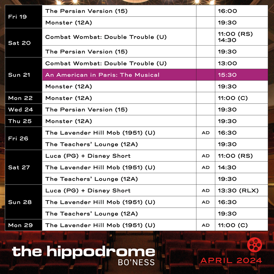Here is our film schedule for the next 10 days! Plus on the 29th April at 7:30pm we have a World Premier: CLYDESDALE: SAVING THE GREATEST HORSE Pre book your tickets and save: hippodromecinema.co.uk/whats-on/clyde…