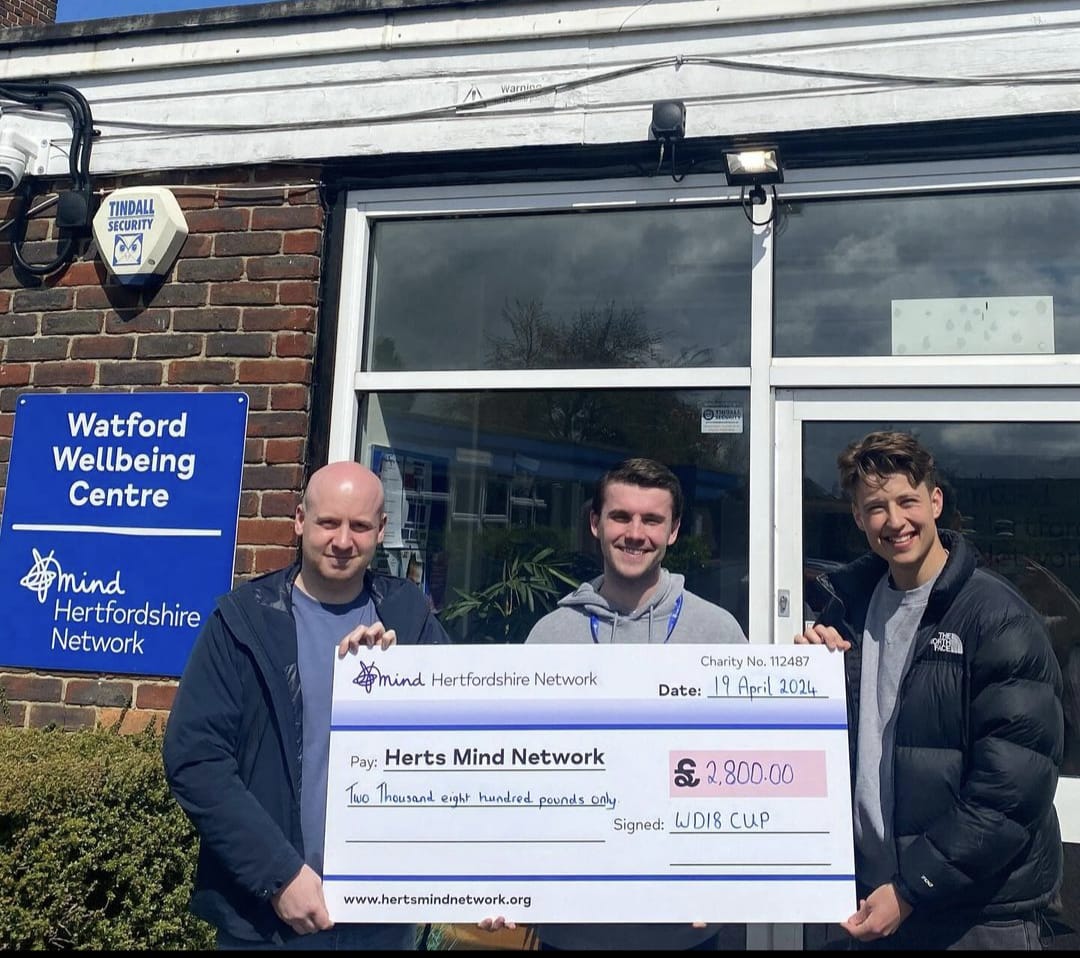We just had a visit from Charlie & Jacob from @WD18Fans who have raised an amazing £2,800 through their WD18 tournament ⚽ A big THANK YOU to WD18! Your support has been incredible and these funds will mean we are able to help even more people with their mental wellbeing 💛