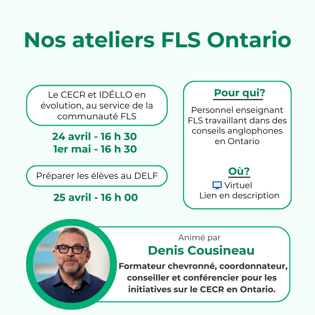Grâce au Ministère de l'Éducation de l’Ontario, profitez de 3 nouveaux ateliers CECR virtuels gratuits avec <a href="/DenisCousineau/">Denis Cousineau</a>.

Inscriptions :
24 avril : ow.ly/tVMB50R4ztU
25 avril : ow.ly/GecB50R4zuB
1er mai : ow.ly/oxct50R4zuM