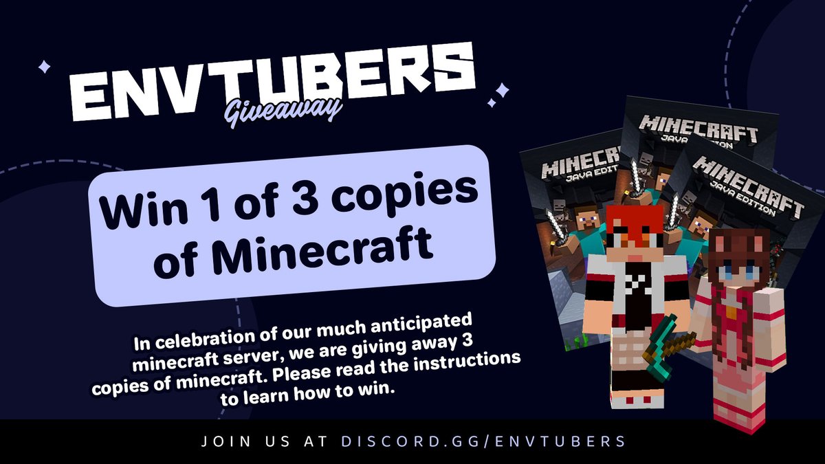 ENVtubers's tweet photo. In celebration of our upcoming Minecraft event, we are giving away 3 Minecraft Java licenses. 

✨ HOW TO JOIN ✨

⛏️ Follow @ENVtubers 
⛏️ Like + RT this post (no QRT)
⛏️ Join our Discord 
⛏️ (Optional) Follow @Chibiterasu @Morphice_ @_nidoku 

Ends May 30, 2024! 

#VtuberEN https://t.co/jZyvGo2efP