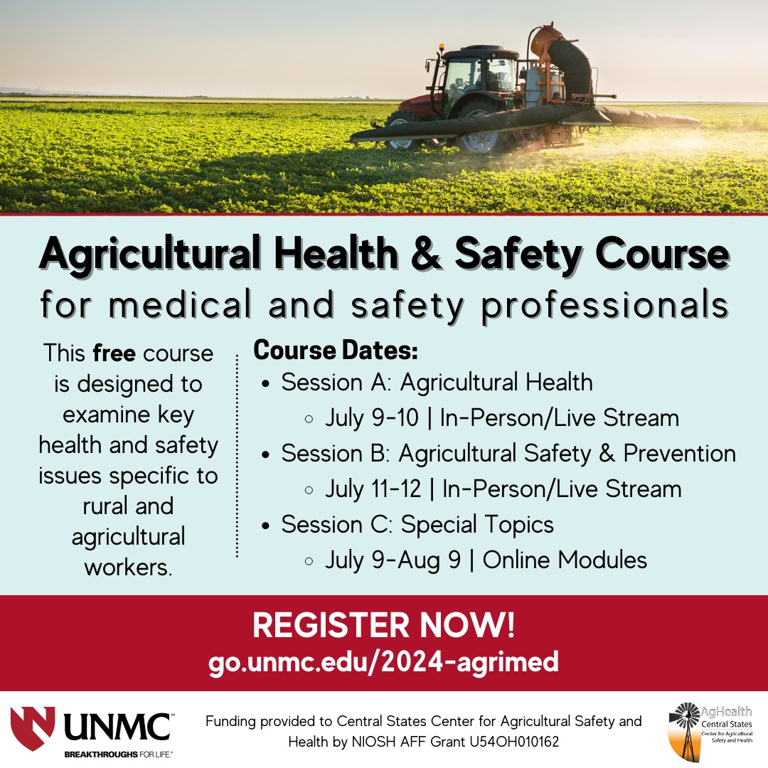 Register now!! The 14th Annual Ag Health and Safety CEU Course takes place in July & August. CS-CASH & @unmccoph offer this course ✨FREE✨ of charge as a THANK YOU to those working to improve the health & safety of communities across the world. go.unmc.edu/ag-safety-cour… #AgSafety