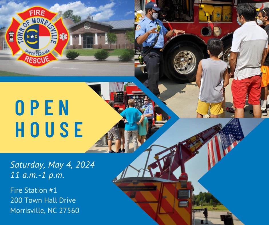 Fire Station 1 is opening their doors! Residents are invited to come meet firefighters, tour the fire station, see firefighting and rescue equipment, and most importantly, learn valuable safety tips. Learn more at morrisvillenc.gov/government/dep…