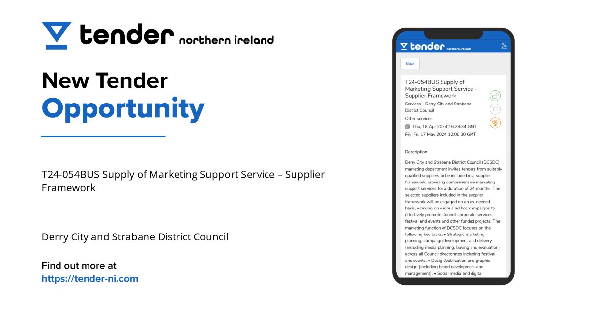 Opportunity alert! Derry City and Strabane District Council is seeking suppliers for Marketing Support Service. Find out more and apply at: tender-ni.com/tender/5333930 #TenderNI #Derry #NorthernIreland #Marketing #SupportService