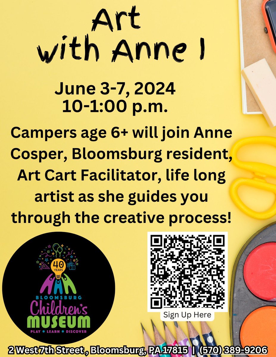 This great opportunity for our local budding artists will be filled before you know it! Sign up today with the QR-code below or at  buff.ly/3TVbpSK 

#Bloomsburgteens #Bloomsburg #youngartists #bloomsburgcamps #summercamps #artcamp #teencamps
