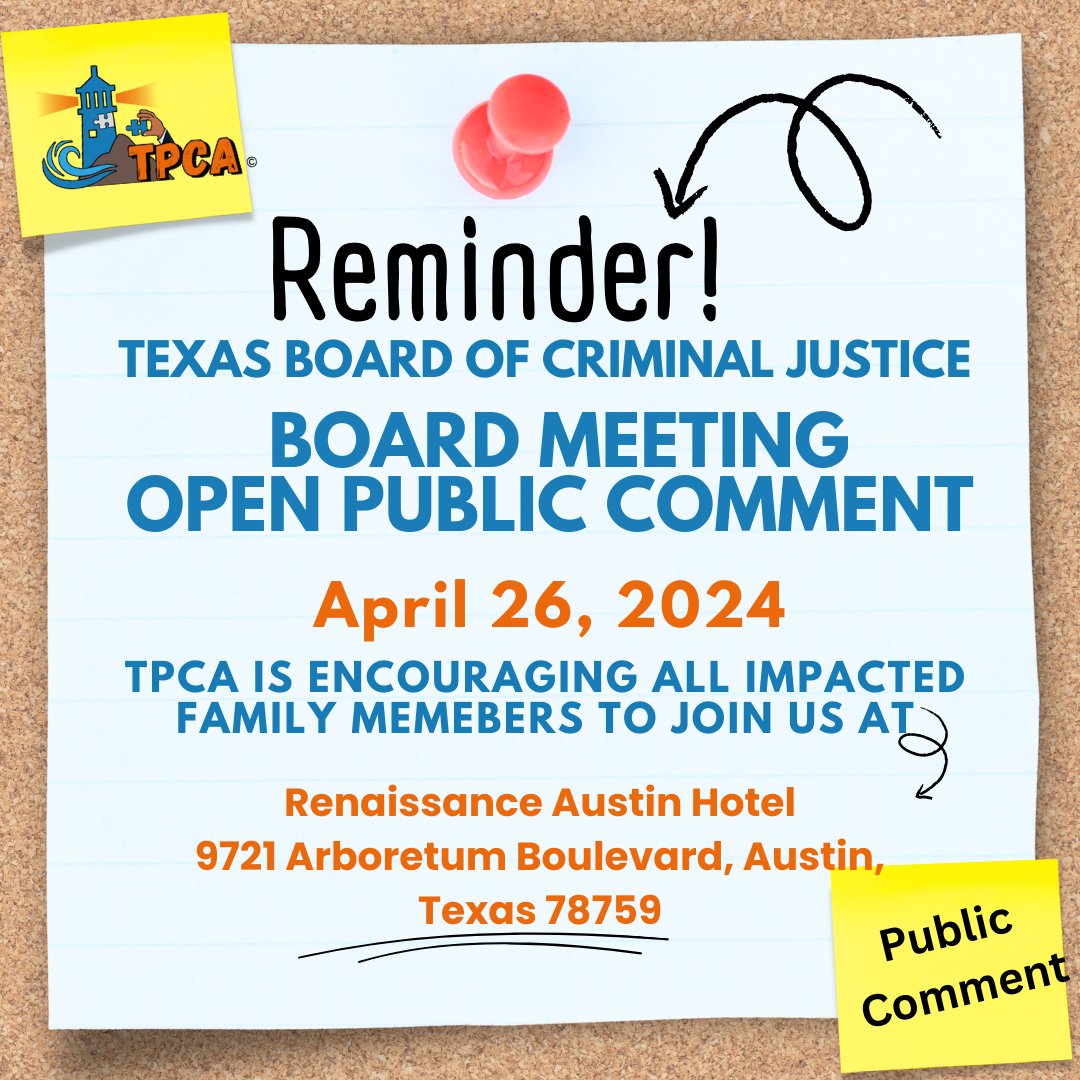 1 week left until the Texas Board of Criminal Justice (TBCJ) board meeting! We look forward to your participation. Mark your calendars, and get ready to engage in important discussions. See you there! Youtube Channel Link for Livestream: youtube.com/tdcjvideos