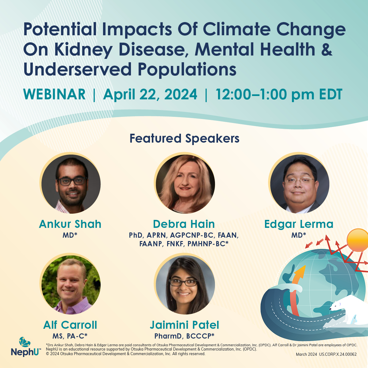 Don't miss out! Sign up for our upcoming webinar, 'Potential Impacts Of Climate Change On Kidney Disease, Mental Health & Underserved Populations,' and learn more of this critical topic in kidney care! go.nephu.org/M57N #ClimateChange #KidneyDisease #MentalHealth #NephU