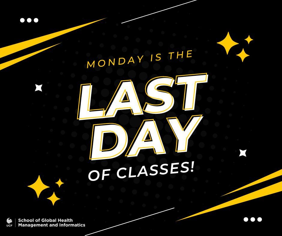 Monday, April 22, is the last day of classes for spring 2024. Good luck studying, Knights--remember next Tuesday is a study day before final exams commence. 🌟 #SGHMI #UCF #FinalExams