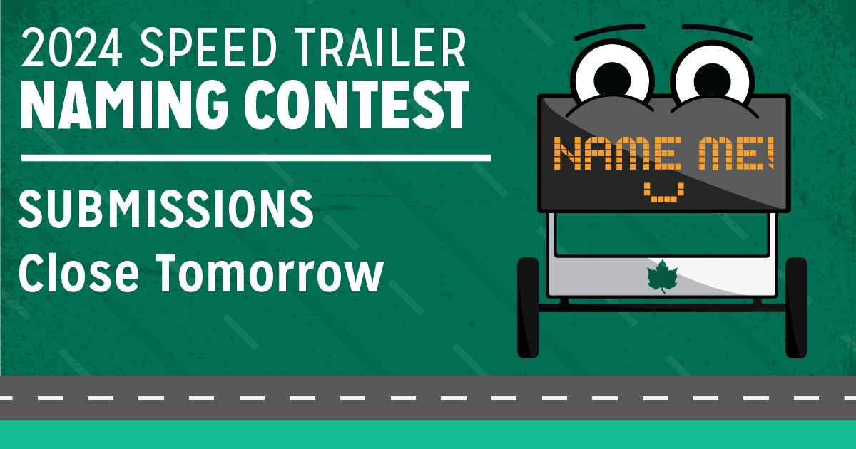 Time is running out to submit your name suggestions for our new speed trailer! Submissions are accepted until 11:59 PM tomorrow, April 20.   For more information & to submit a name, visit ow.ly/uIAB50QWP9n