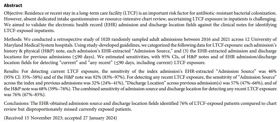 New from Goodman et al: ➡️ Identifying LTCF-exposed inpatients is important, but challenging, for infection control. ➡️ In a multicenter validation, EHR data fields identified 76% of LTCF-exposed patients compared to manual review 📄: doi.org/10.1017/ice.20…