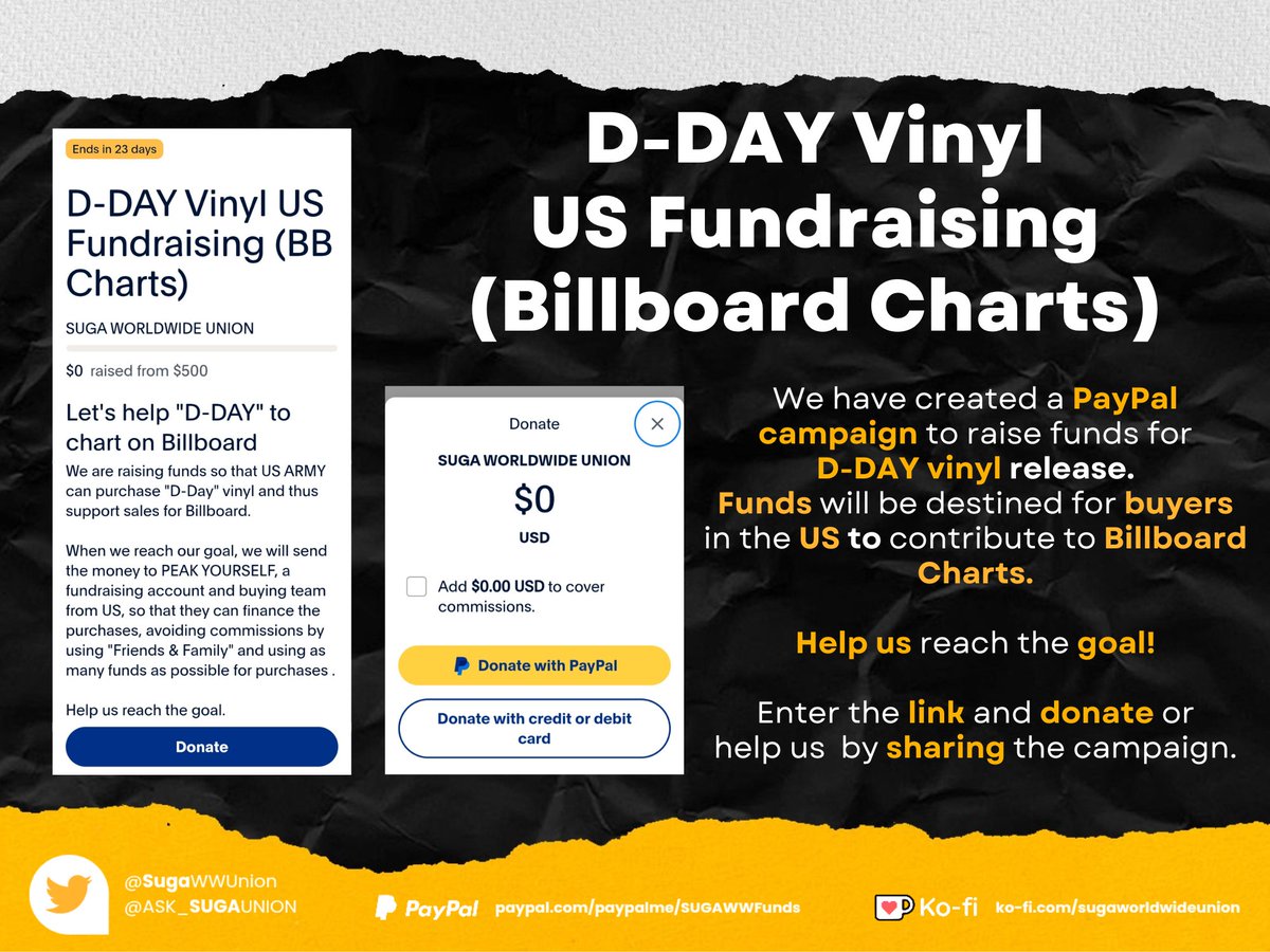 💵 D-DAY VINYL US/PR Fundraising (Billboard Charts) All funds will be donated to a US based fundraising account to avoid as much funds in comisons as possible by using 'friends and family'. 🔒 Goal: $500 USD 📎 Campaign: paypal.com/donate?campaig… #SUGA_Funds #SUGA #AgustD