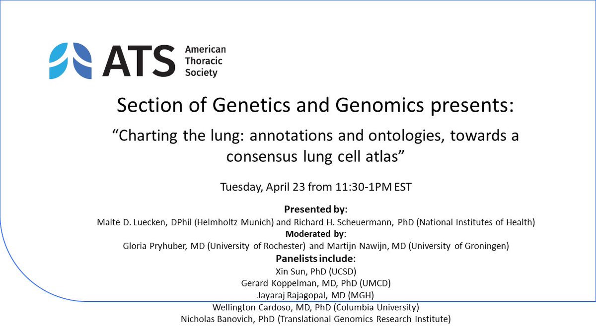 New @ATS_RCMBWebminar from our Lung Single Cell Atlas Collection. DATE: Tues April 23, 11:30am EST Charting the Lung: Annotations and Ontologies Towards a Consensus Lung Cell Atlas Register here: thoracic.zoom.us/meeting/regist…