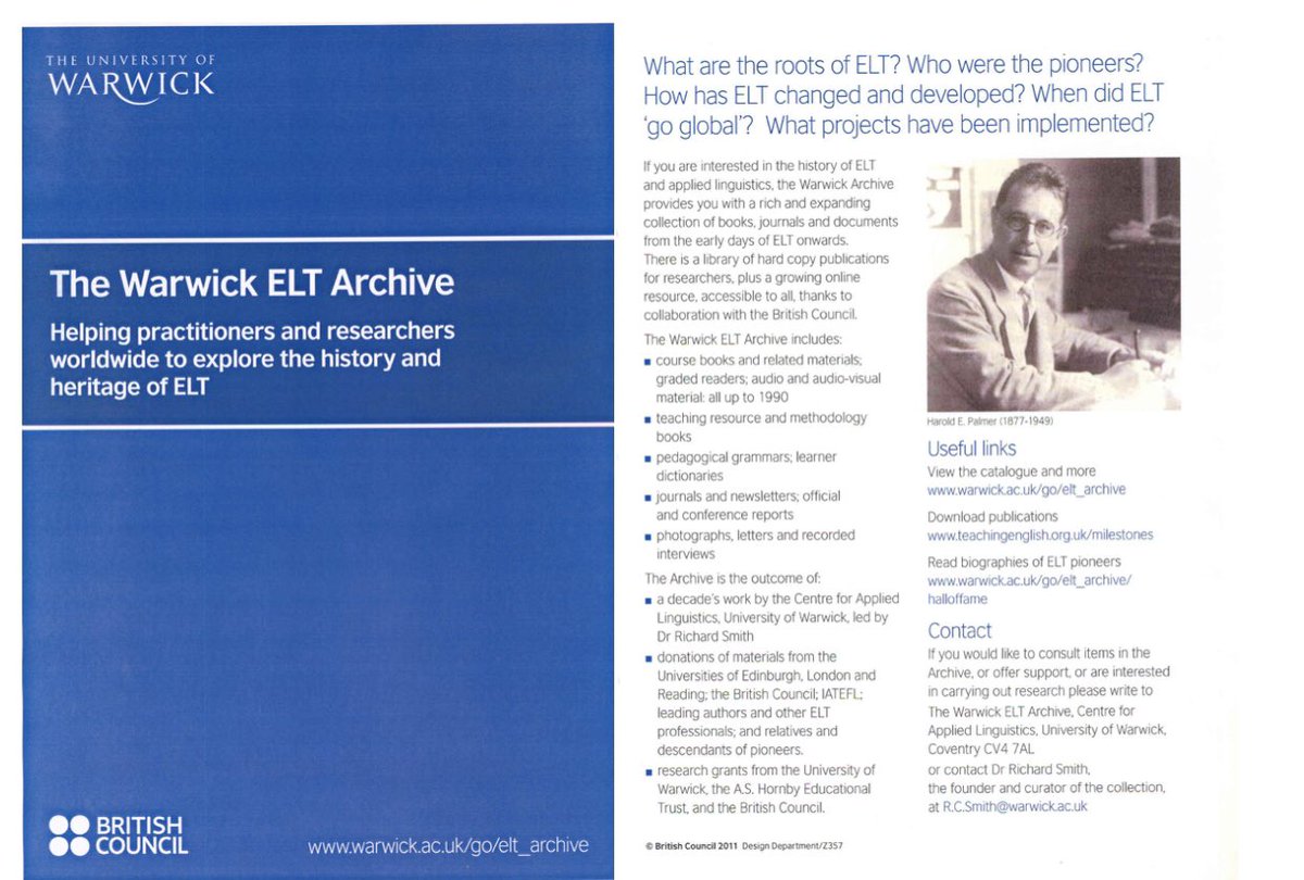 The Warwick ELT Archive (@RichardSmithELT @warwickuni) reúne una colección de más de 4000 documentos relacionados con la enseñanza del inglés como lengua extranjera y el desarrollo de la lingüística aplicada entre 1880 y 1990. Está abierto a investigadores warwick.ac.uk/fac/soc/al/res…