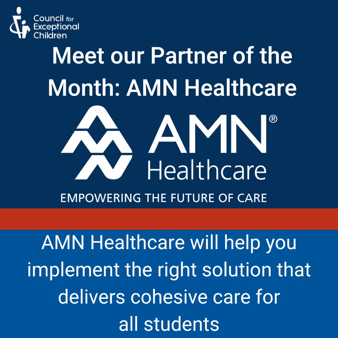 Meet CEC's Partner of the Month: AMN Healthcare. At AMN Healthcare, they will meet your school district where unique needs arise. AMN Healthcare will help you implement the right solution that delivers cohesive care for all students. amnhealthcare.com/staffing/schoo…