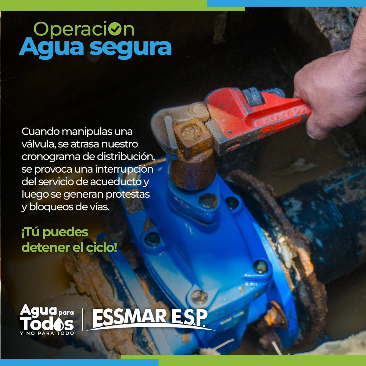 En esta temporada de verano ☀️necesitamos unirnos para lograr tener #AguaParaTodos. Tu puedes detener este ciclo que empieza con la manipulación de válvulas 🔧desde tu barrio únete a la operación #AguaSegura 🔒💦.