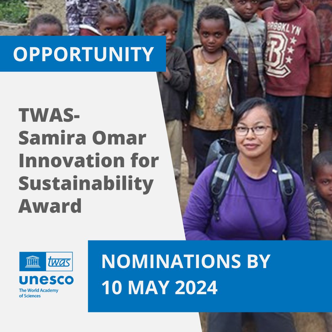 TWAS-Samira Omar Innovation for Sustainability Award recognizes the significant impact on the environment and biodiversity of scientists from least developed countries. This year the award is open to women only. Nominate someone today: twas.org/opportunity/tw…