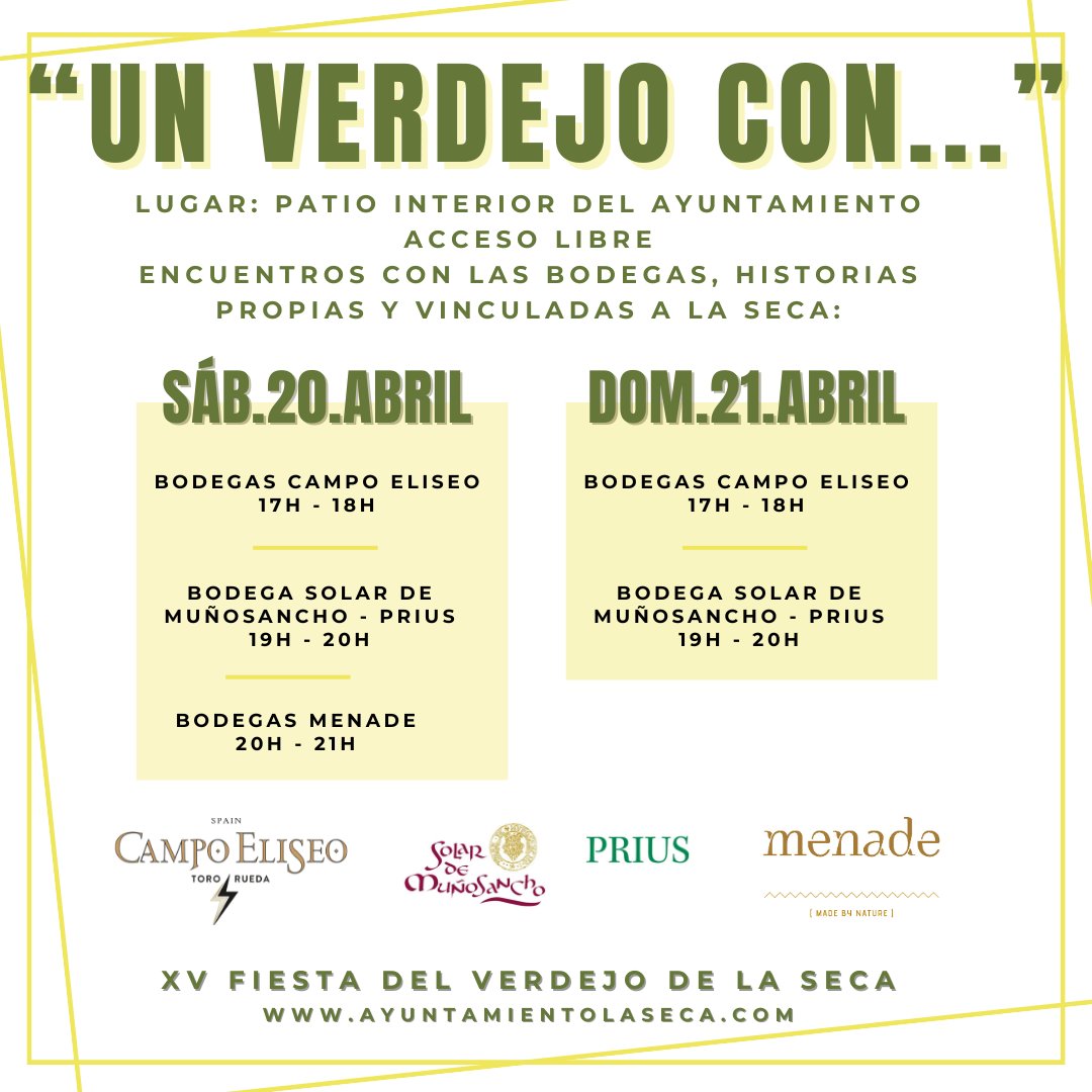 'Un Verdejo con...' @CampoEliseoWine @BodegasMenade @VinoPrius en la XV Fiesta del Verdejo. Una experiencia que permitirá conocer, desde el trato directo con las bodegas, sus relatos, sus vinos,... Además podrás comprar vinos de sus referencias. #FiestadelVerdejo en La Seca