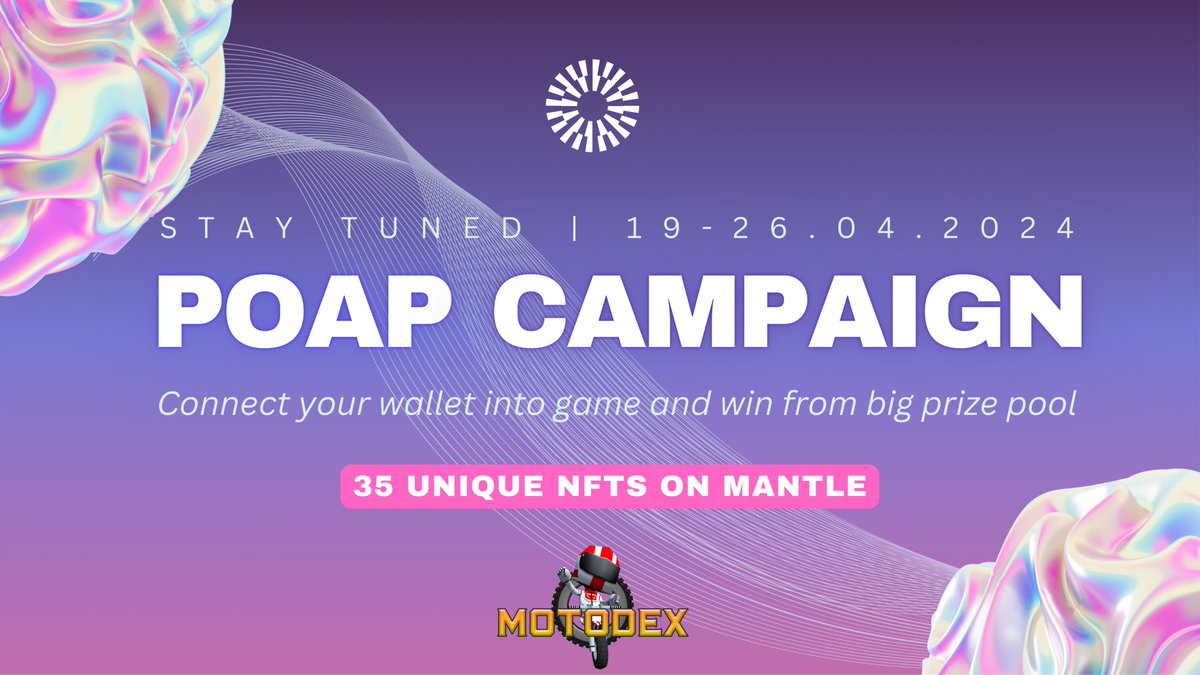 🚀 Join the @0xMantle x MotoDEX weekly campaign POAP! 🚀 💰 Reward pool: 35 unique NFTs on MANTLE 1️⃣ Go to: motoDEX.openbisea.com/?chain=mantle 2️⃣ Click on POAP and play to win big! Connect your wallet and dive into the action from April 19-26, 2024 🎮