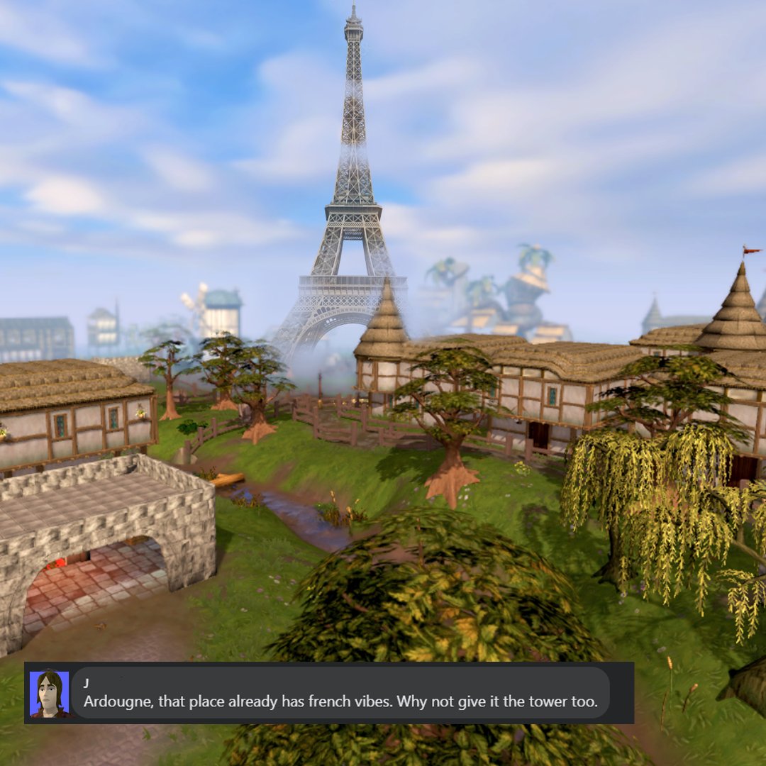 RuneScape's tweet photo. Ardougne looks a little different now the construction lads at the Tower of Eiffel finished the job. 🤨⚒️

Now where in Gielinor would best suit the Moai 🗿? https://t.co/UKD8CCN664