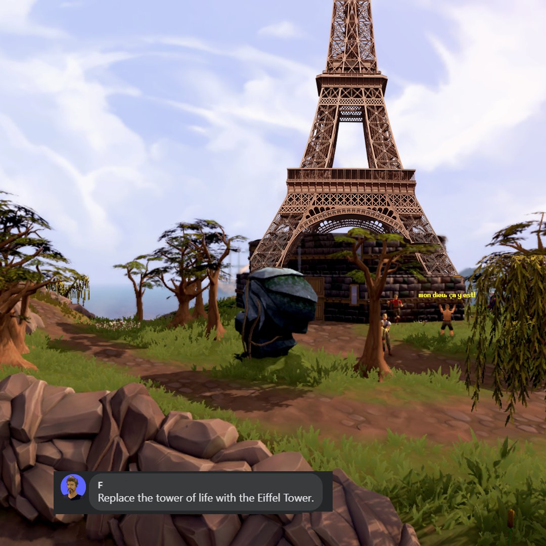 RuneScape's tweet photo. Ardougne looks a little different now the construction lads at the Tower of Eiffel finished the job. 🤨⚒️

Now where in Gielinor would best suit the Moai 🗿? https://t.co/UKD8CCN664