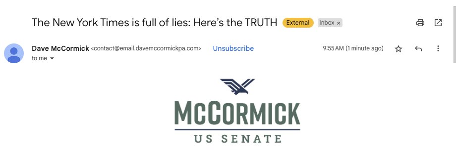 💀💀💀💀💀💀💀💀💀💀 McCormick is now sending solicitations based off the upcoming NYT article that he's scared shitless of