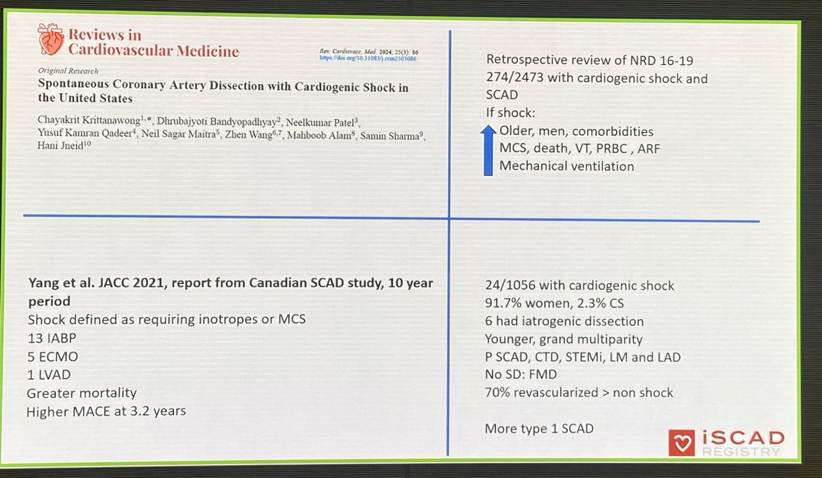 heatherlgornik's tweet photo. .@NanditaScottMD reviews published experience on #SCAD and mech circ support. Discussion: IABP theoretically not first choice due to coronary flow/sheer. Concerns in re anticoag with #SCAD. need more data esp with Impella. @iSCADregistry exploring MCS data...stay tuned https://t.co/azZybC8zPC
