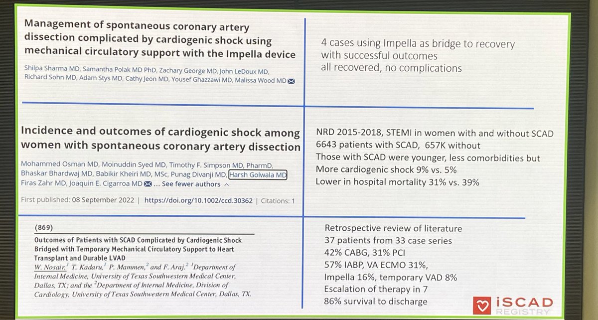 .@NanditaScottMD reviews published experience on #SCAD and mech circ support. Discussion: IABP theoretically not first choice due to coronary flow/sheer. Concerns in re anticoag with #SCAD. need more data esp with Impella. @iSCADregistry exploring MCS data...stay tuned