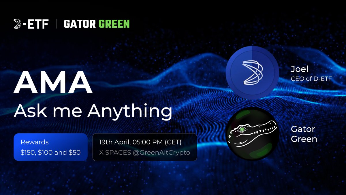 Our AMA session with Gator Green (@GreenAltCrypto) is just 1 hour away! 🐊🎙 Grab yourself a coffee beforehand, and get your questions ready. Join us at 17:00 CET for an insightful conversation and learn more about D-ETF and its mission Where? XSpaces: twitter.com/i/spaces/1vOxw…).…