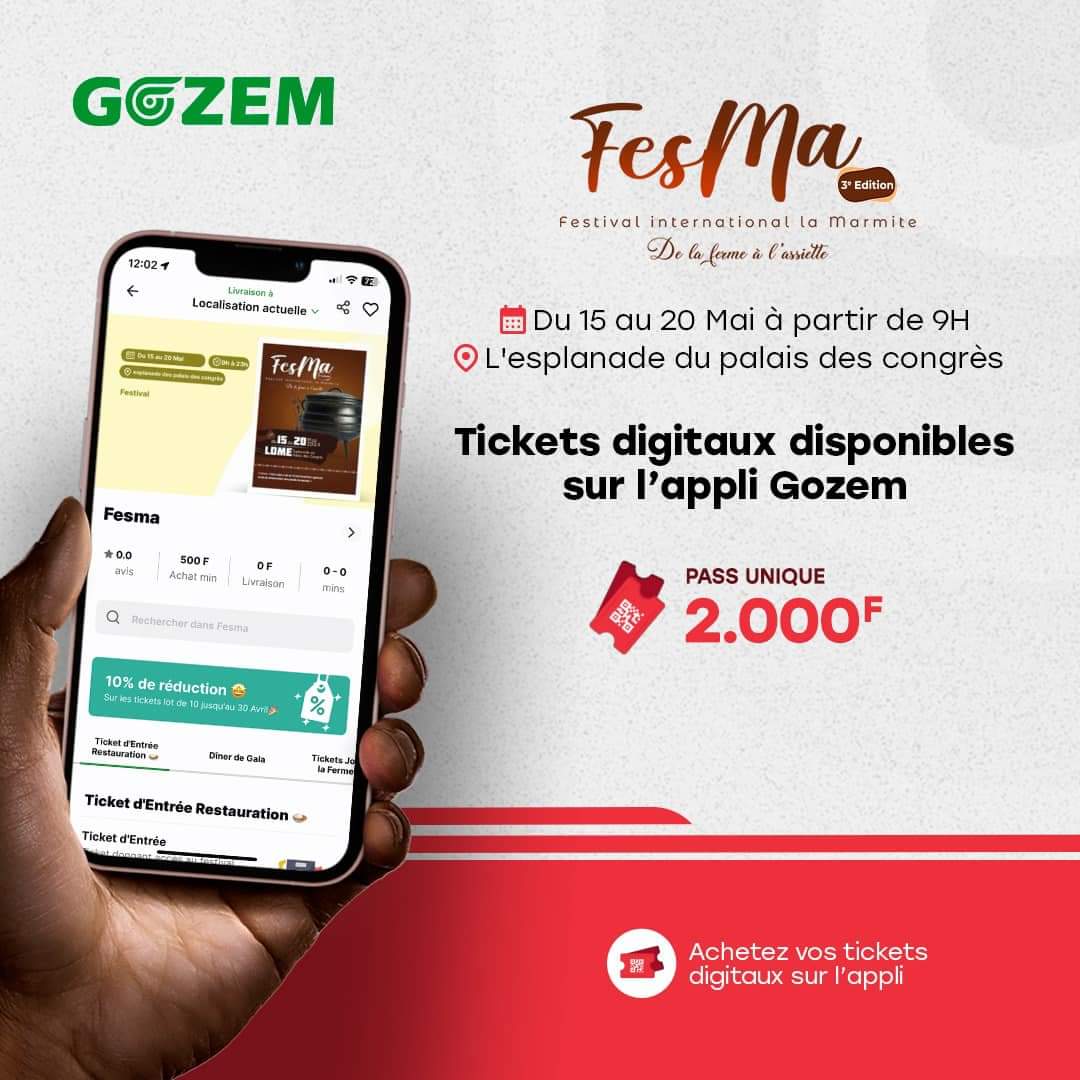 🥳🥳
Obtenez facilement tous vos tickets #Fesma 2024 en un clic avec l’application GOZEM via ce lien unique pagelink.gozem.co/PRuP

Retrouvez donc les tickets de :
- MA JOURNÉE À LA FERME🧑🏾‍🌾
- ⁠TICKETS RESTAURATION 🍲
- ⁠TICKETS DU DÎNER À LA FERME🎟️