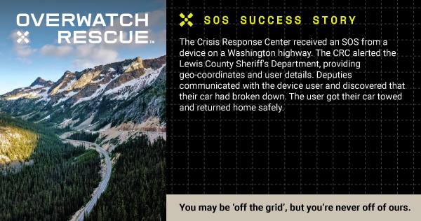 A Washington highway SOS was answered by the #OverwatchxRescue Crisis Response Center and the Lewis County Sheriff's Department.  They ensured a user's safe return home after their car broke down. Technology and teamwork at its finest! View more at: overwatchxrescue.com/rescue-stories/