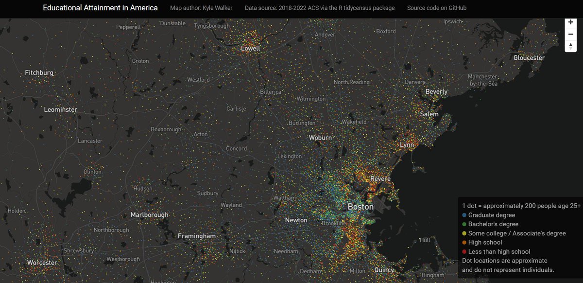 Interesting mapping across US by education attainment and zooming into states and regions.