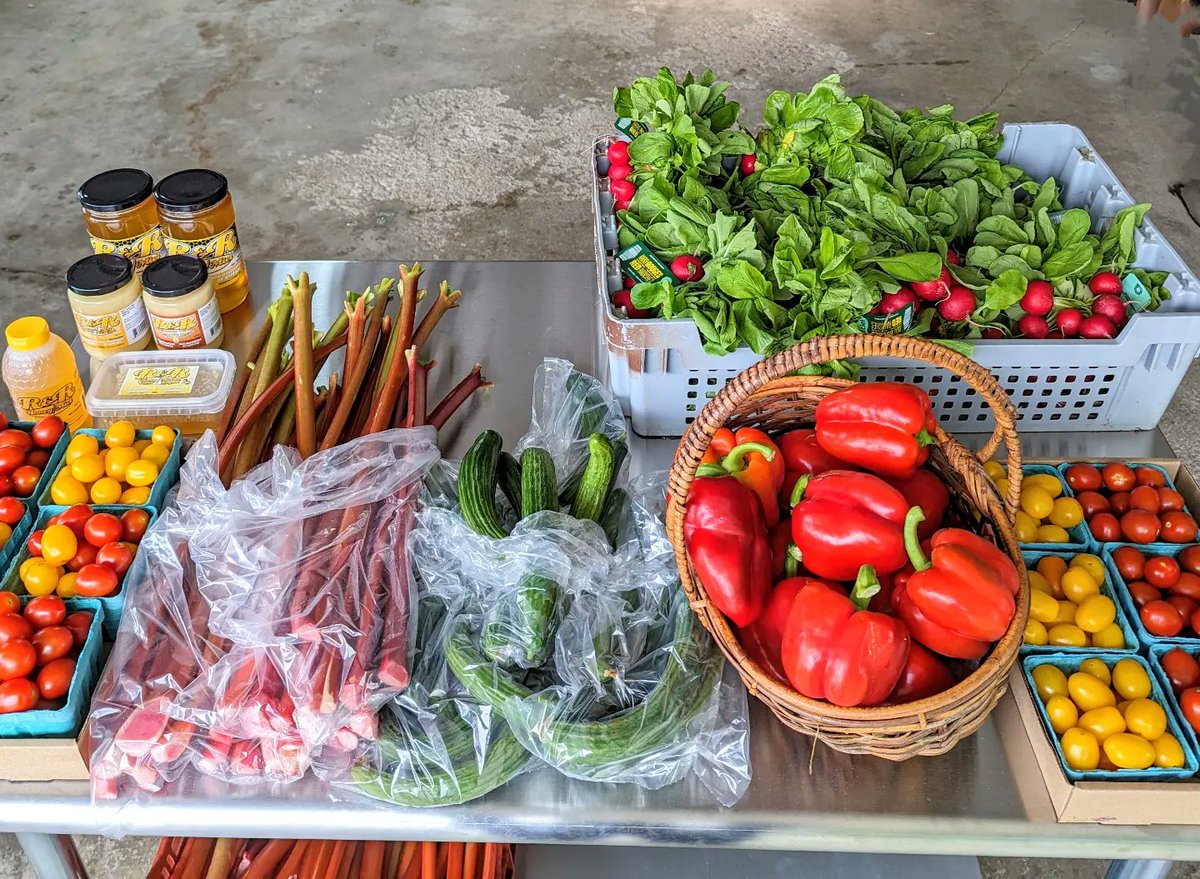We are open!

Our fresh picked rhubarb is here for $3.50/lb, and we've brought in Ontario greenhouse grape tomatoes, red bell peppers, small English cucumbers, and radishes. Local raw honey also available

Cash only for now as we don't yet have our debit terminals for the season!