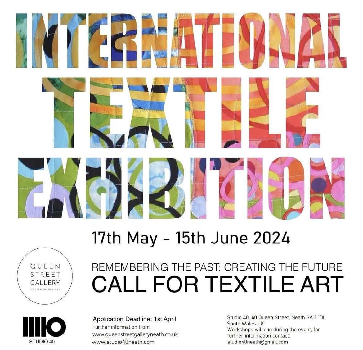 I AM PLEASED TO ANNOUNCE THAT MY STITCHED PORTRAIT OF SUGGS HAS BEEN SELECTED FOR THE INTERNATIONAL TEXTILE EXHIBITION AT THE QUEEN STREET GALLERY IN NEATH. IT LOOKS TO BE A GREAT SHOW WITH ART FROM ALL OVER THE WORLD, INCLUDING AUSTRALIA, KOREA, JAPAN, ETC!!!! STARTS 17th MAY.