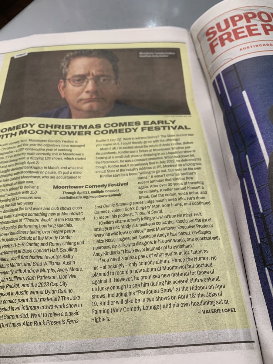 Reading my bff’s @ComedyWham article in @AustinChronicle featuring @MoontowerComedy and my beloved @AndyKindler ❤️ Austin, I’ve missed you(breakfast taco not pictured).