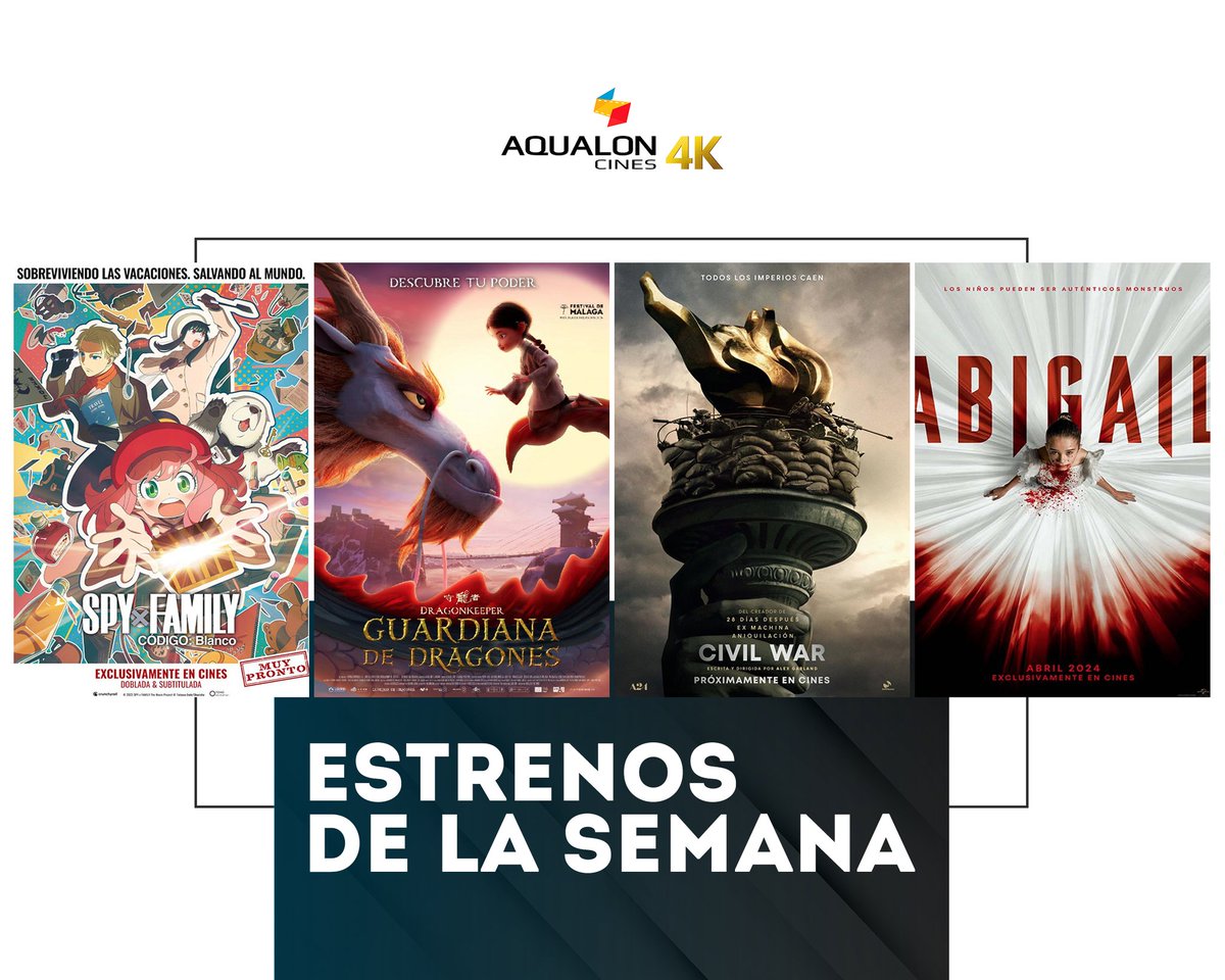🍿No te pierdas los estrenos de la semana:

🎥SpyXfamily
🎥Guardiana de dragones
🎥Civil war
🎥Abigail

📲Consulta los pases y compra tus entradas: cinesaqualon.com

#cinesaqualon4k