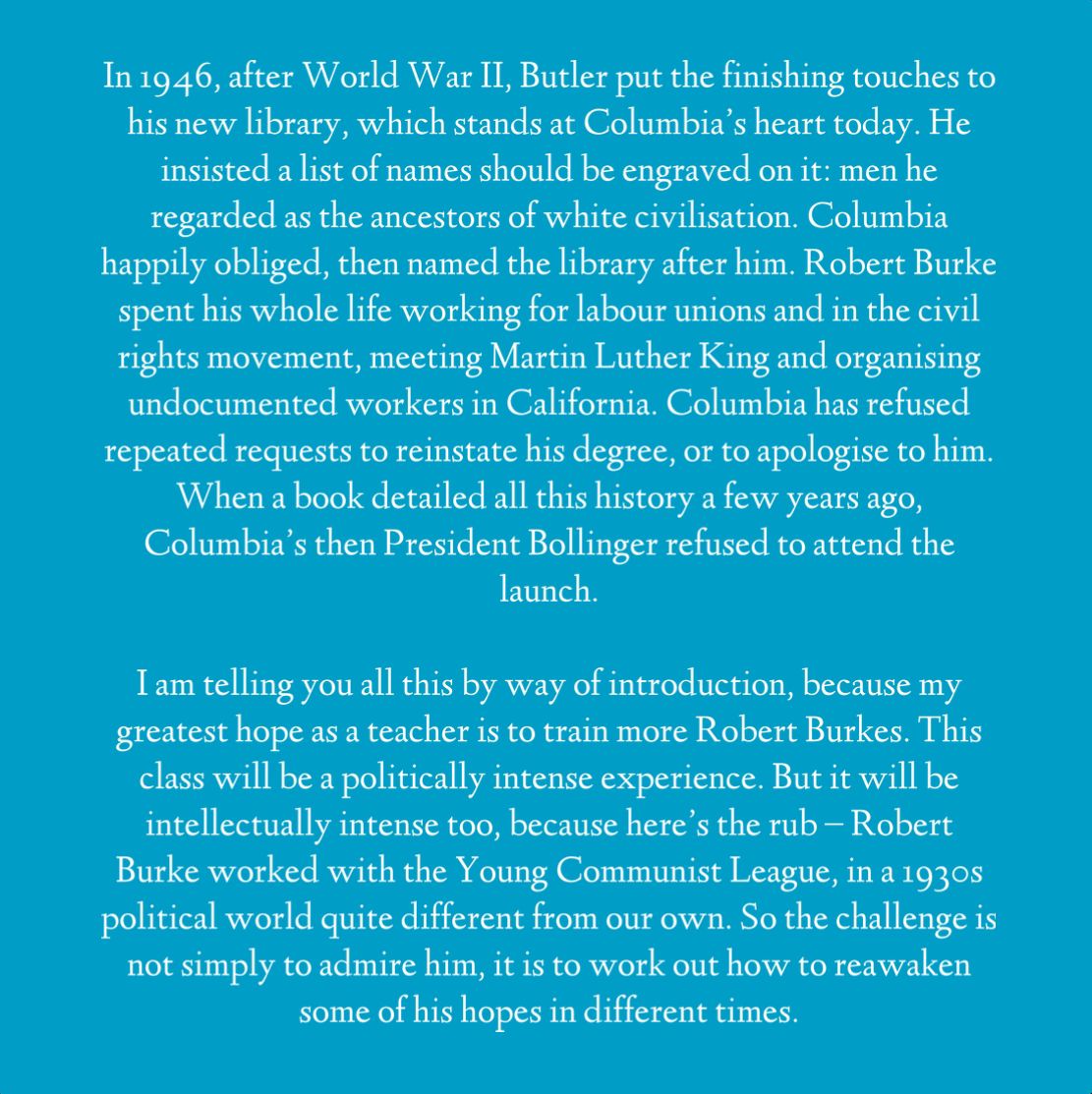 As my employer - @Columbia University - calls armed riot police into campus to smash a peaceful protest against a genocide, we must all speak out. My former students have been arrested. I'm proud of you. History will be too. Remember what I said in our first class last year: