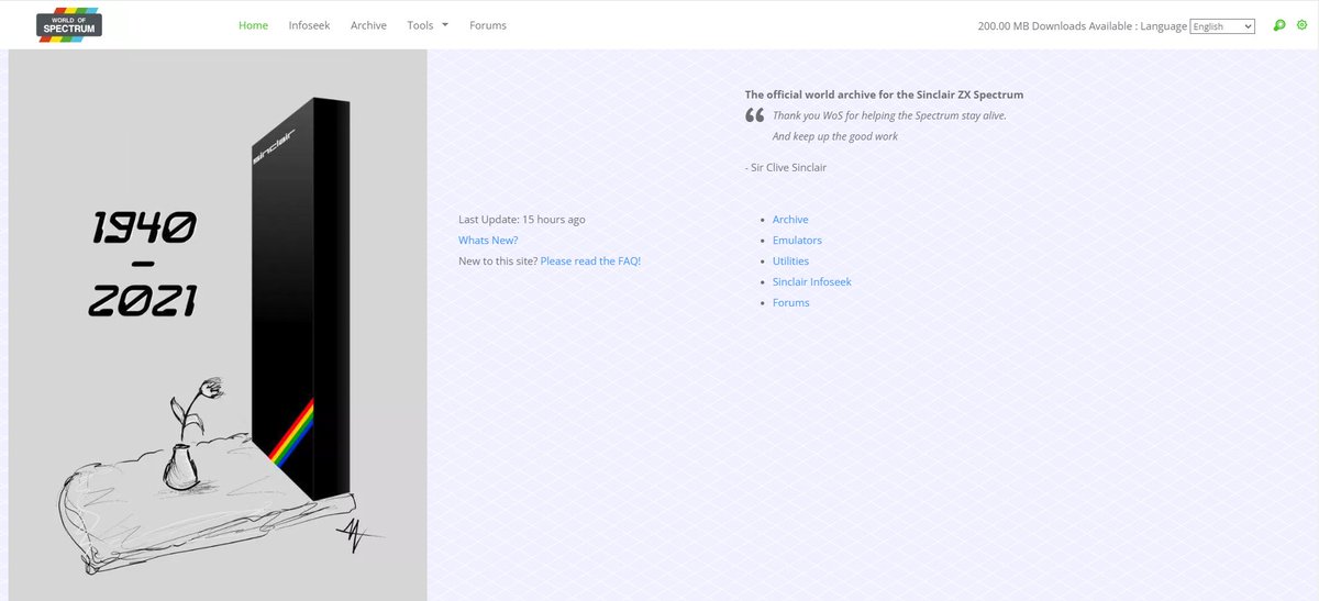 WORLD OF SPECTRUM es el 'archivo oficial mundial' para el Sinclair ZX Spectrum.

Con 200 MB ‼️ de archivos, juegos, emuladores...
(Yo es que tuve un commodore, que aún conservo.)
worldofspectrum.org