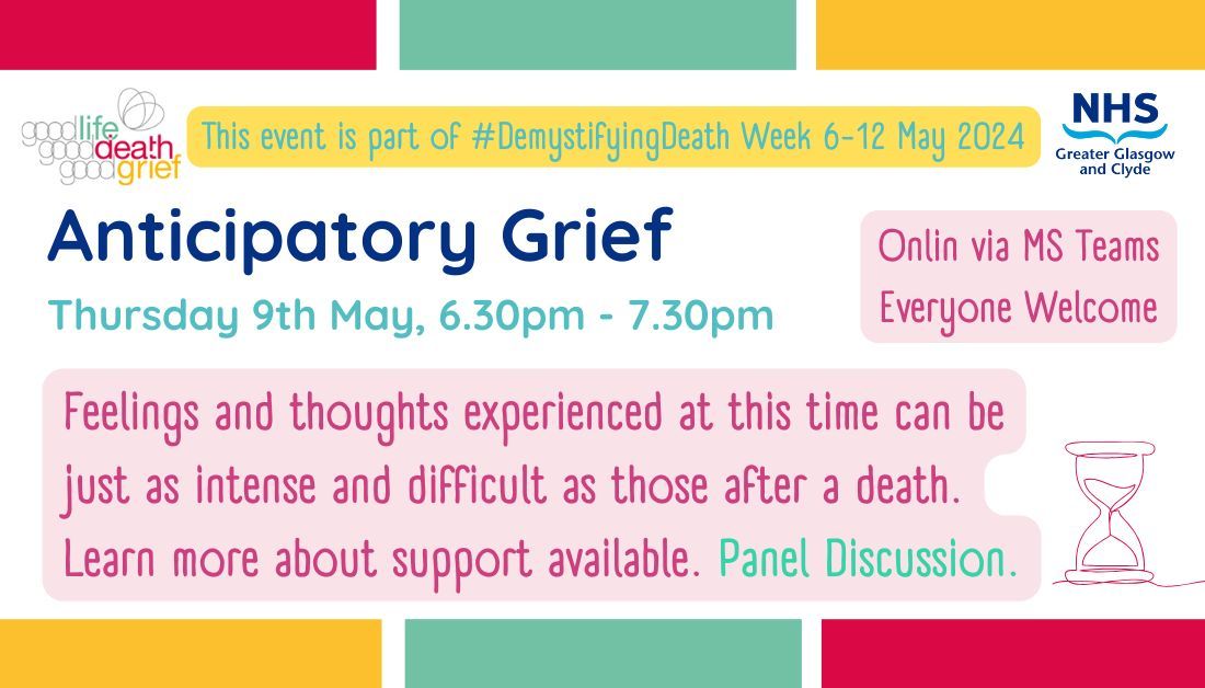 #DemystifyingDeath 📢 @EastDunHSCP @GCHSCP @WDCouncil @RenHSCP @InverclydeHSCP @erhscp @nhsggc @LifeDeathGrief @NHSGGCCarers

We can experience a wealth of emotions when we realise a loss is coming, our panel will explore anticipatory grief.

Book direct 👉buff.ly/3U4w9Je