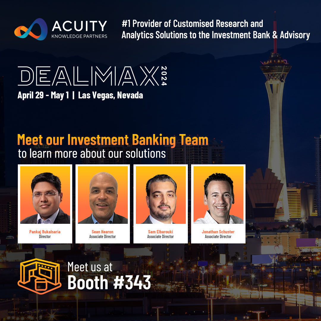 Acuity Knowledge Partners is excited to be a Growth Champion sponsor at DealMAX 2024. Don’t miss the opportunity to connect with our Investment Banking Team at our Booth #343 #DealMAX2024 #InvestmentBanking #Banking #Deals