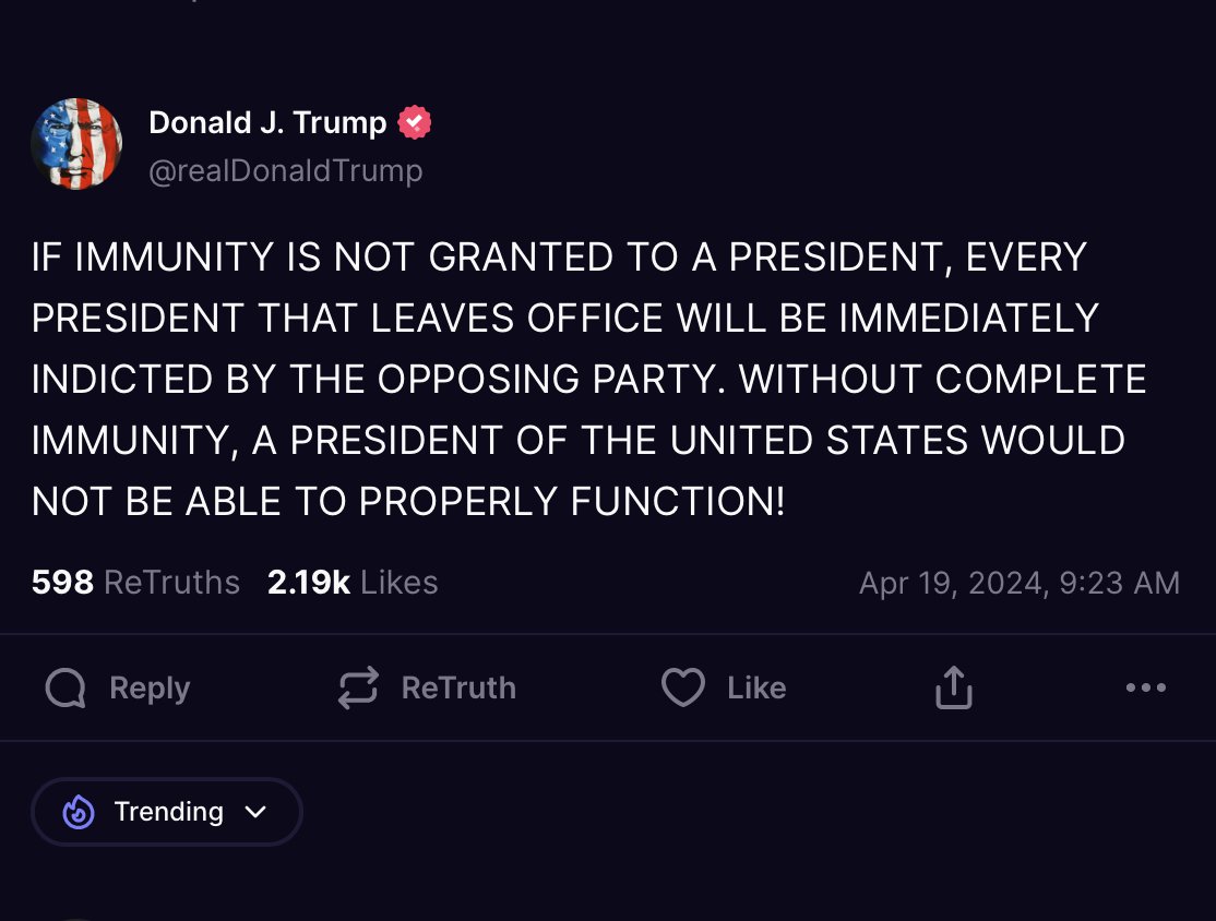 And yet somehow 44 other presidents have managed to do their jobs without the brand new license to commit crimes that Trump is demanding for himself, claiming that no president would be able to function without it.