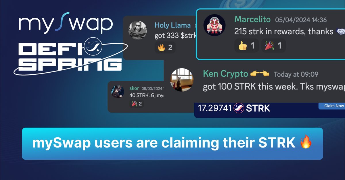 mySwapxyz's tweet photo. 📢 Attention mySwap users! 📢

If you've been providing liquidity in any of the following pools in the last 2 weeks:

ETH/USDC
USDT/USDC
STRK/ETH
STRK/USDC
WBTC/ETH
DAI/USDC
wstETH/ETH

You can claim your STRK on mySwap now:
https://t.co/Ki3IMHlhNB https://t.co/eujqLLkpNe